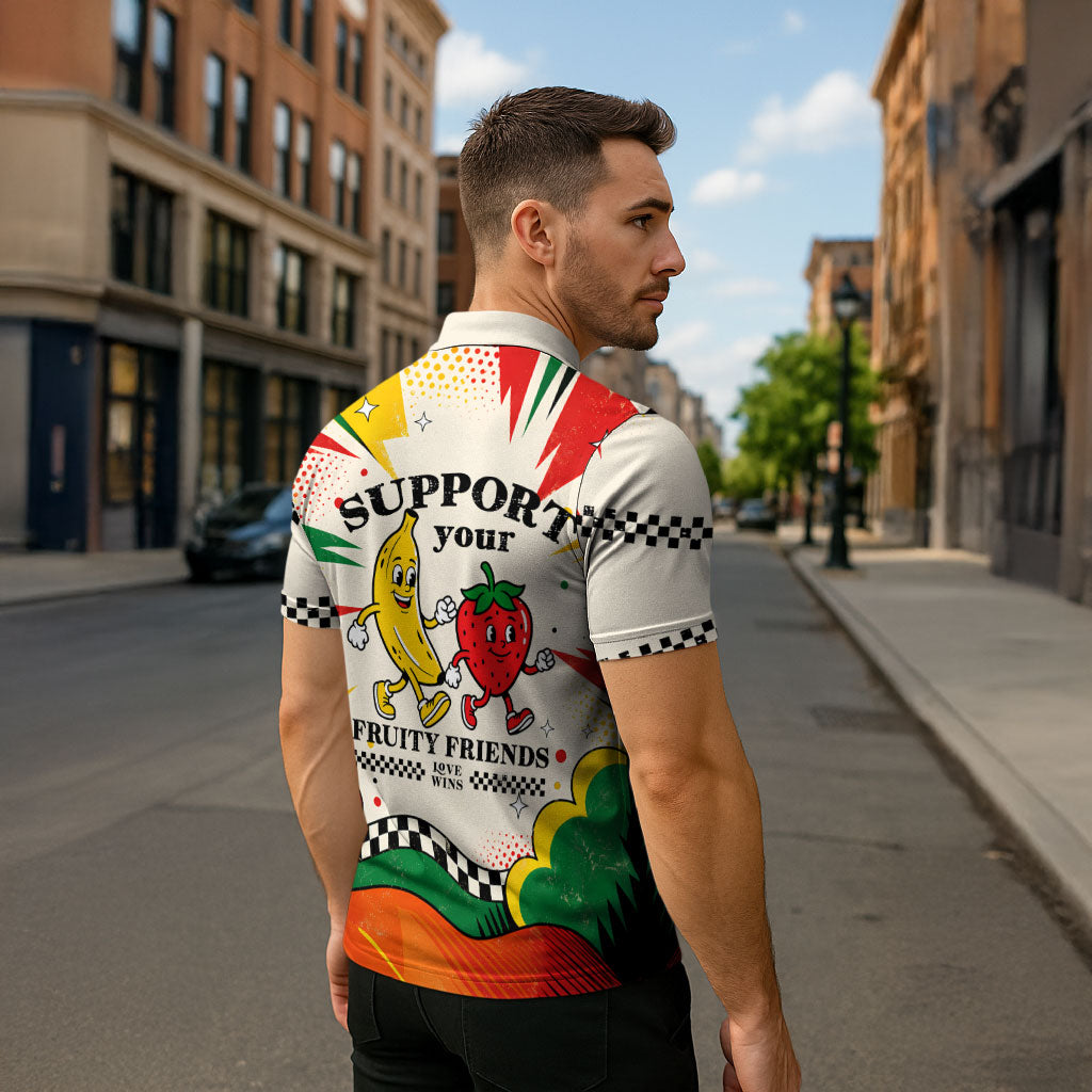 Support Your Fruity Friends Love Wins Gay Pride Zipper Polo Shirt LGBTQ Retro 30s Cartoon Checkered
