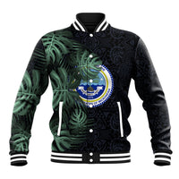 Federated States Of Micronesia Baseball Jacket FSM Tropical Monstera Leaf Dark Tribal Pattern