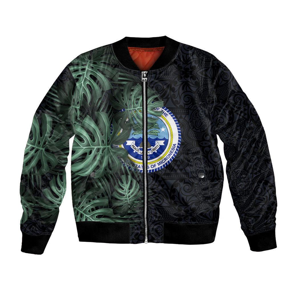 Federated States Of Micronesia Bomber Jacket FSM Tropical Monstera Leaf Dark Tribal Pattern