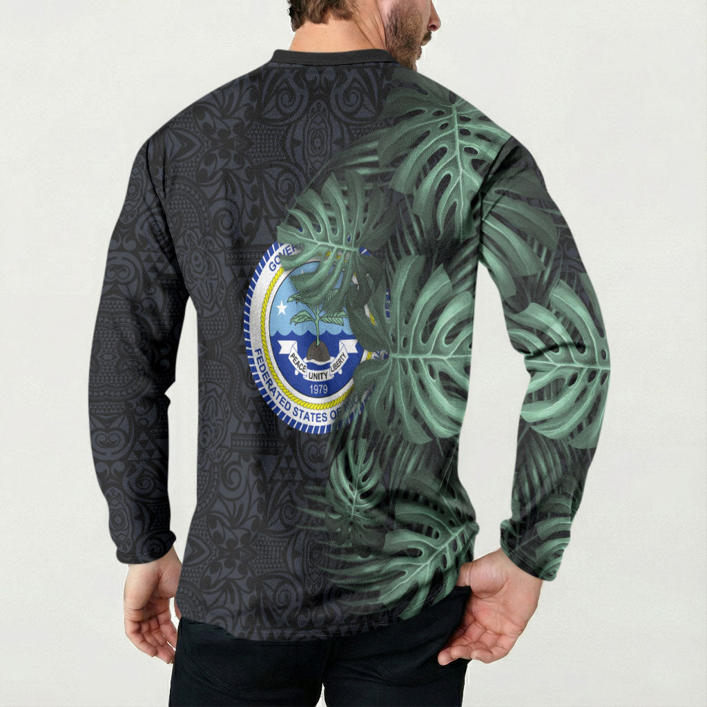 Federated States Of Micronesia Button Sweatshirt FSM Tropical Monstera Leaf Dark Tribal Pattern