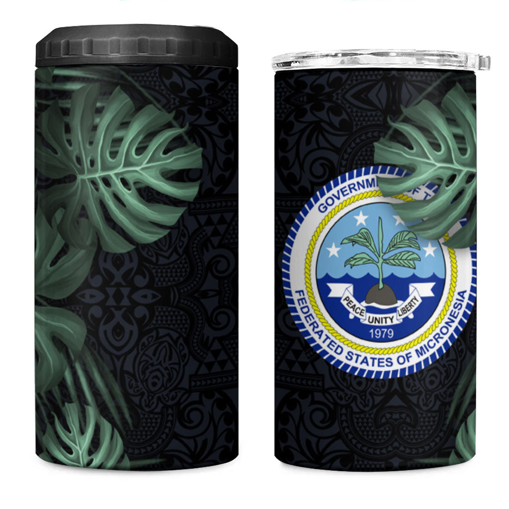 Federated States Of Micronesia 4 in 1 Can Cooler Tumbler FSM Tropical Monstera Leaf Dark Tribal Pattern
