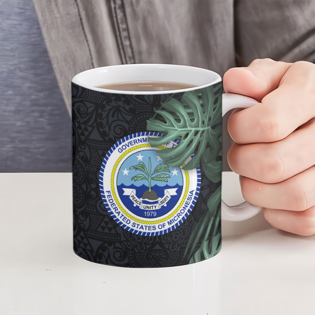 Federated States Of Micronesia Ceramic Mug FSM Tropical Monstera Leaf Dark Tribal Pattern