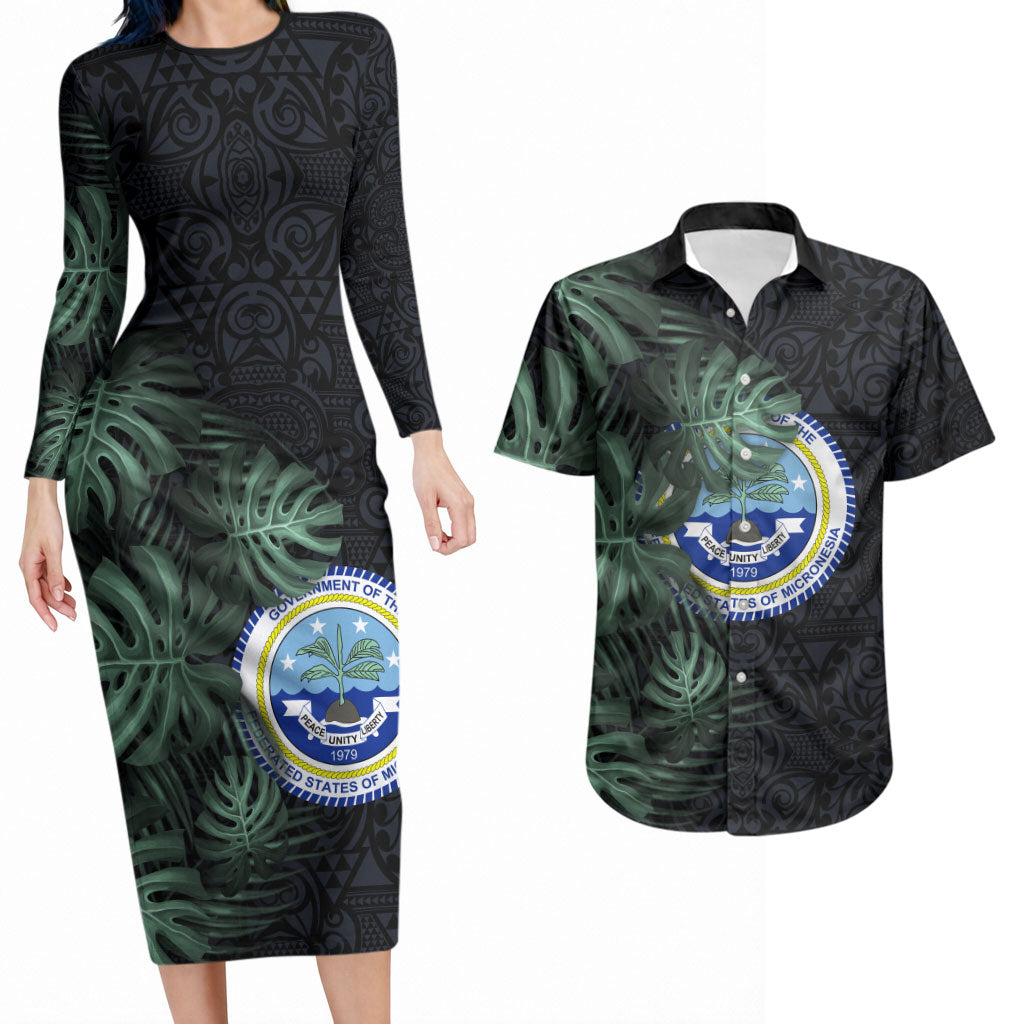 Federated States Of Micronesia Couples Matching Long Sleeve Bodycon Dress and Hawaiian Shirt FSM Tropical Monstera Leaf Dark Tribal Pattern