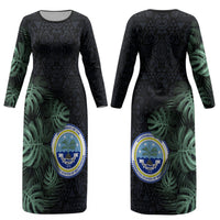 Federated States Of Micronesia Couples Matching Long Sleeve Bodycon Dress and Hawaiian Shirt FSM Tropical Monstera Leaf Dark Tribal Pattern