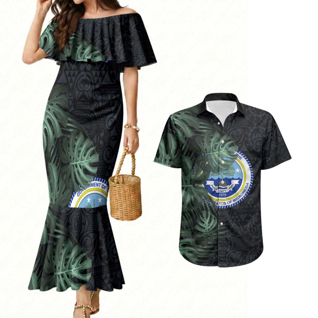 Federated States Of Micronesia Couples Matching Mermaid Dress and Hawaiian Shirt FSM Tropical Monstera Leaf Dark Tribal Pattern TS04 Black Green - Polynesian Pride