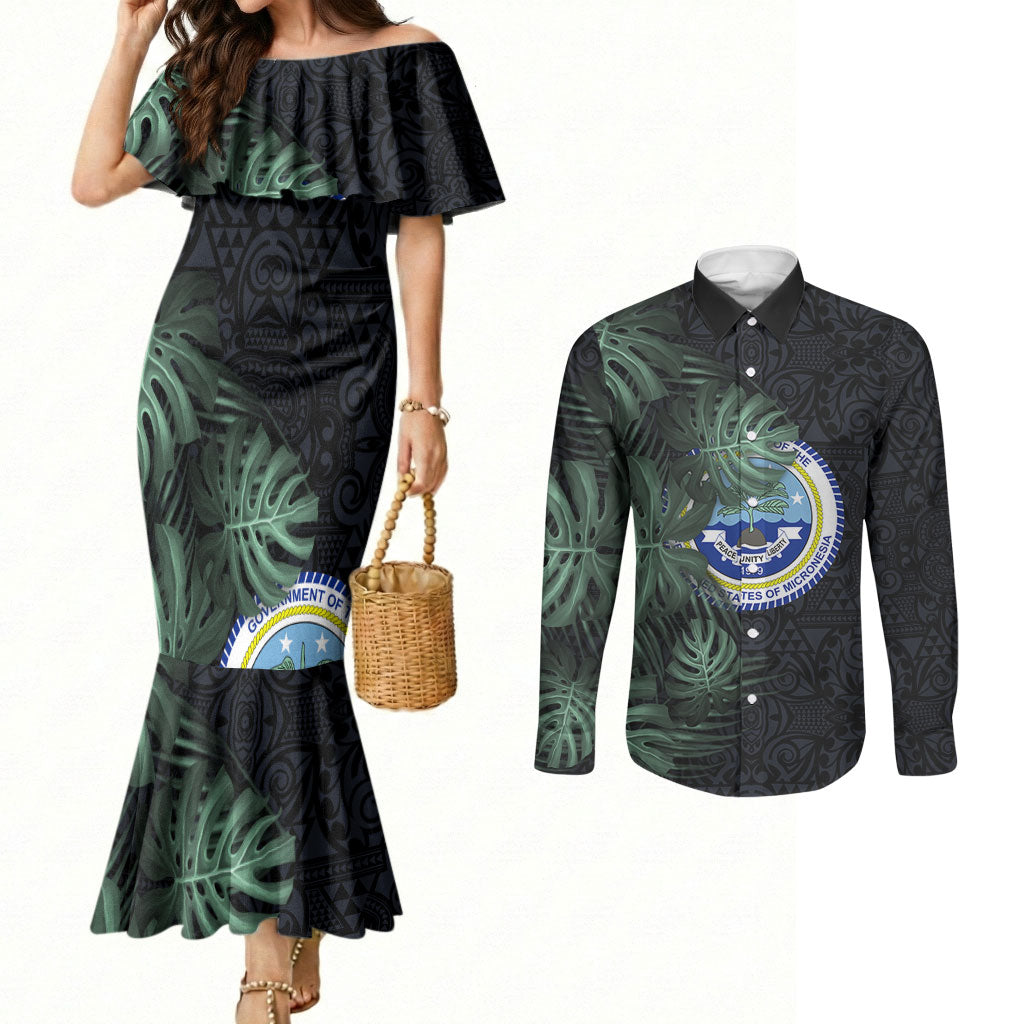Federated States Of Micronesia Couples Matching Mermaid Dress and Long Sleeve Button Shirt FSM Tropical Monstera Leaf Dark Tribal Pattern
