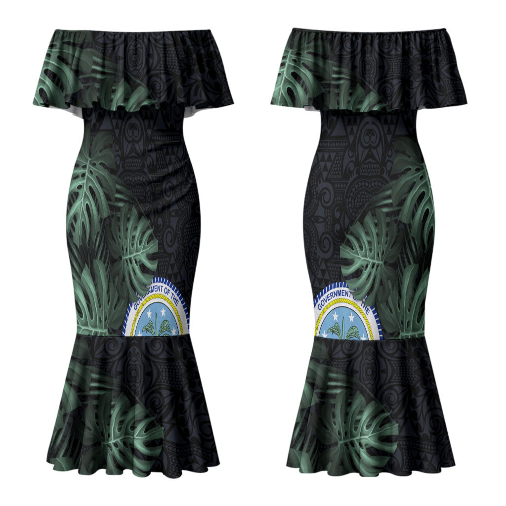 Federated States Of Micronesia Couples Matching Mermaid Dress and Long Sleeve Button Shirt FSM Tropical Monstera Leaf Dark Tribal Pattern