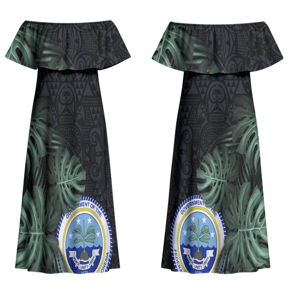 Federated States Of Micronesia Couples Matching Off Shoulder Maxi Dress and Long Sleeve Button Shirt FSM Tropical Monstera Leaf Dark Tribal Pattern