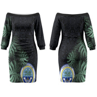 Federated States Of Micronesia Couples Matching Off The Shoulder Long Sleeve Dress and Hawaiian Shirt FSM Tropical Monstera Leaf Dark Tribal Pattern