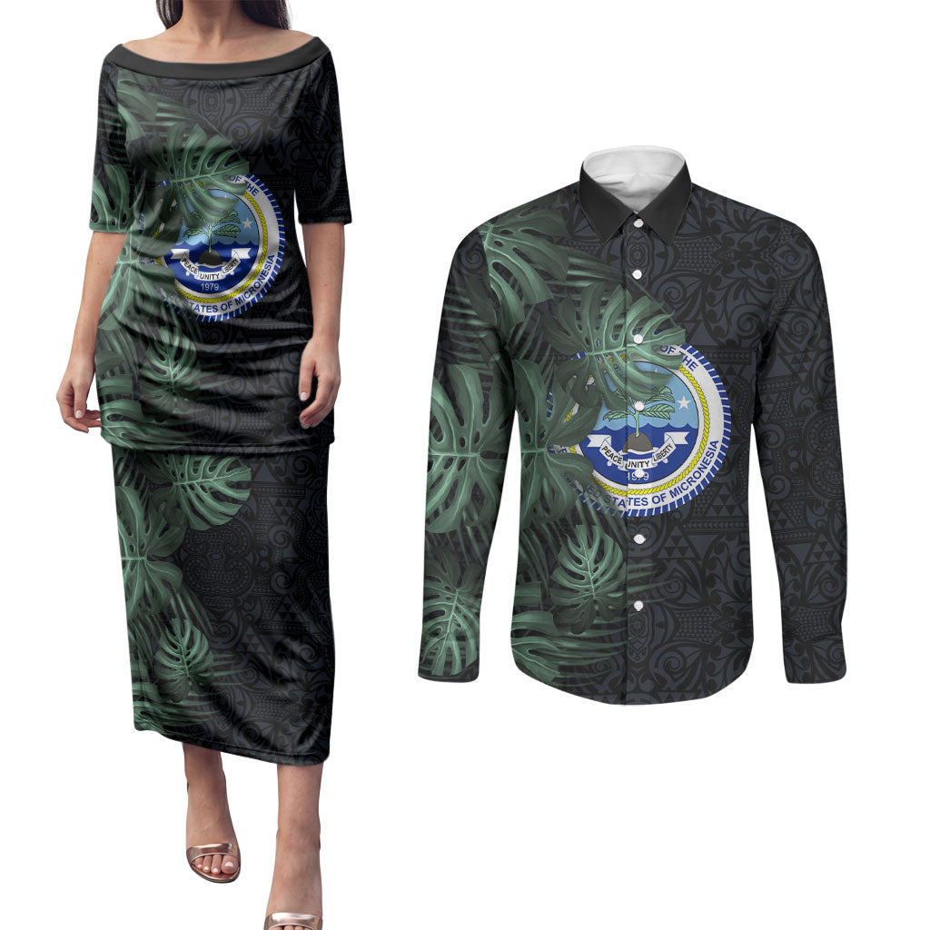 Federated States Of Micronesia Couples Matching Puletasi and Long Sleeve Button Shirt FSM Tropical Monstera Leaf Dark Tribal Pattern