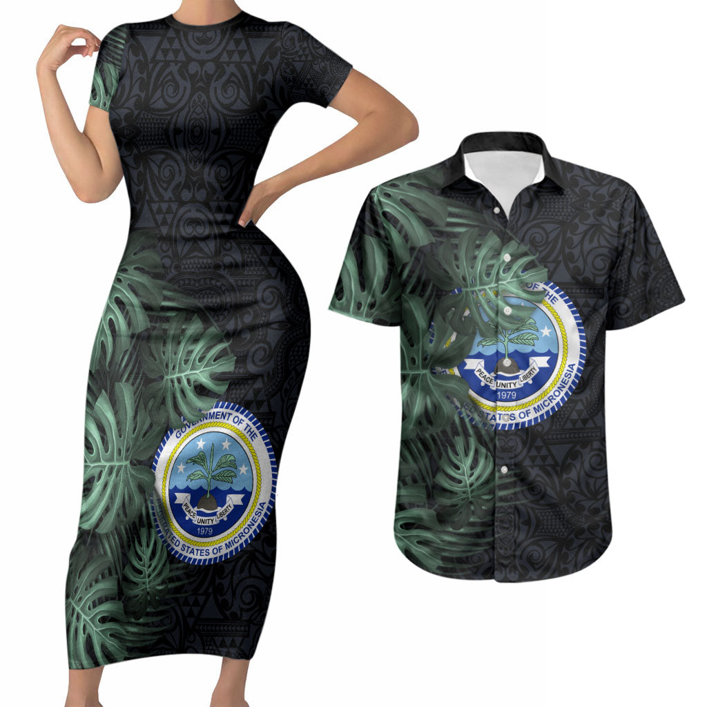 Federated States Of Micronesia Couples Matching Short Sleeve Bodycon Dress and Hawaiian Shirt FSM Tropical Monstera Leaf Dark Tribal Pattern TS04 Black Green - Polynesian Pride