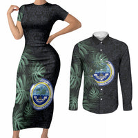 Federated States Of Micronesia Couples Matching Short Sleeve Bodycon Dress and Long Sleeve Button Shirt FSM Tropical Monstera Leaf Dark Tribal Pattern
