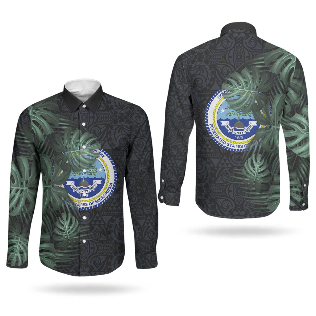 Federated States Of Micronesia Couples Matching Short Sleeve Bodycon Dress and Long Sleeve Button Shirt FSM Tropical Monstera Leaf Dark Tribal Pattern