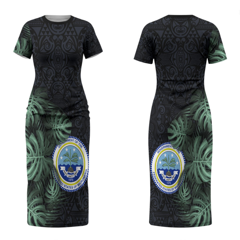 Federated States Of Micronesia Couples Matching Short Sleeve Bodycon Dress and Long Sleeve Button Shirt FSM Tropical Monstera Leaf Dark Tribal Pattern