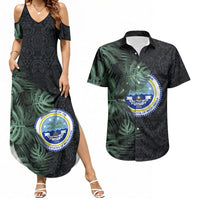 Federated States Of Micronesia Couples Matching Summer Maxi Dress and Hawaiian Shirt FSM Tropical Monstera Leaf Dark Tribal Pattern