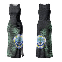 Federated States Of Micronesia Couples Matching Tank Maxi Dress and Hawaiian Shirt FSM Tropical Monstera Leaf Dark Tribal Pattern