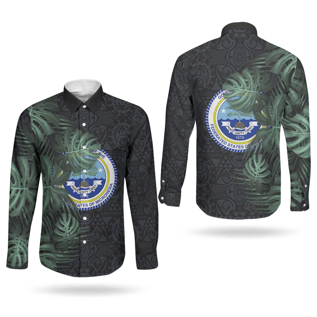 Federated States Of Micronesia Couples Matching Tank Maxi Dress and Long Sleeve Button Shirt FSM Tropical Monstera Leaf Dark Tribal Pattern