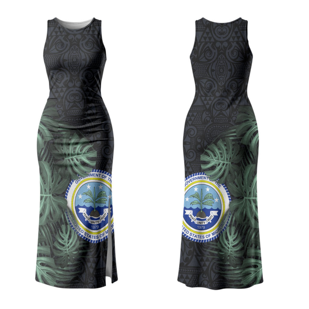 Federated States Of Micronesia Couples Matching Tank Maxi Dress and Long Sleeve Button Shirt FSM Tropical Monstera Leaf Dark Tribal Pattern