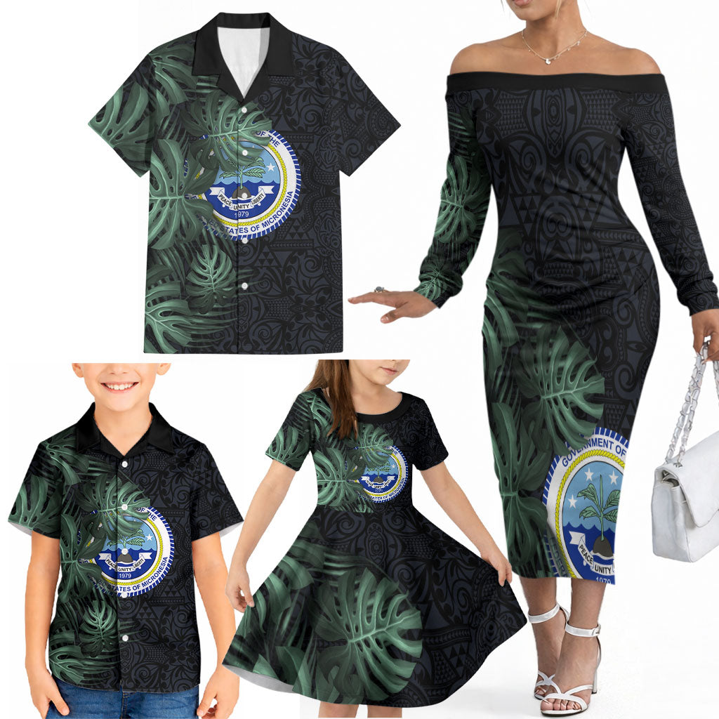 Federated States Of Micronesia Family Matching Off The Shoulder Long Sleeve Dress and Hawaiian Shirt FSM Tropical Monstera Leaf Dark Tribal Pattern TS04 - Polynesian Pride