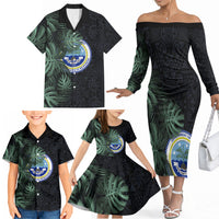 Federated States Of Micronesia Family Matching Off The Shoulder Long Sleeve Dress and Hawaiian Shirt FSM Tropical Monstera Leaf Dark Tribal Pattern