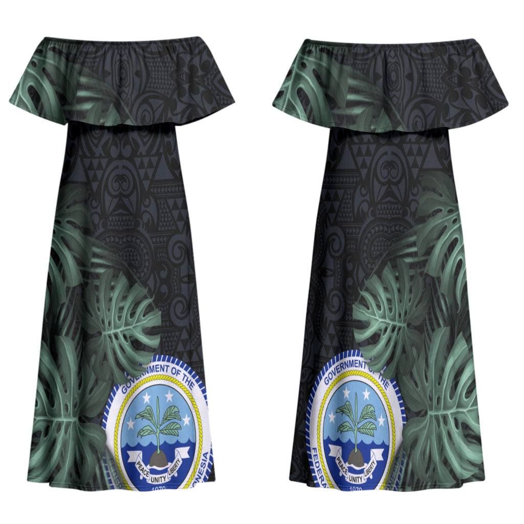 Federated States Of Micronesia Family Matching Off Shoulder Maxi Dress and Hawaiian Shirt FSM Tropical Monstera Leaf Dark Tribal Pattern
