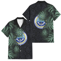 Federated States Of Micronesia Family Matching Off Shoulder Maxi Dress and Hawaiian Shirt FSM Tropical Monstera Leaf Dark Tribal Pattern