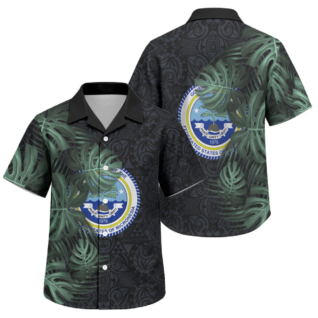 Federated States Of Micronesia Family Matching Off Shoulder Maxi Dress and Hawaiian Shirt FSM Tropical Monstera Leaf Dark Tribal Pattern