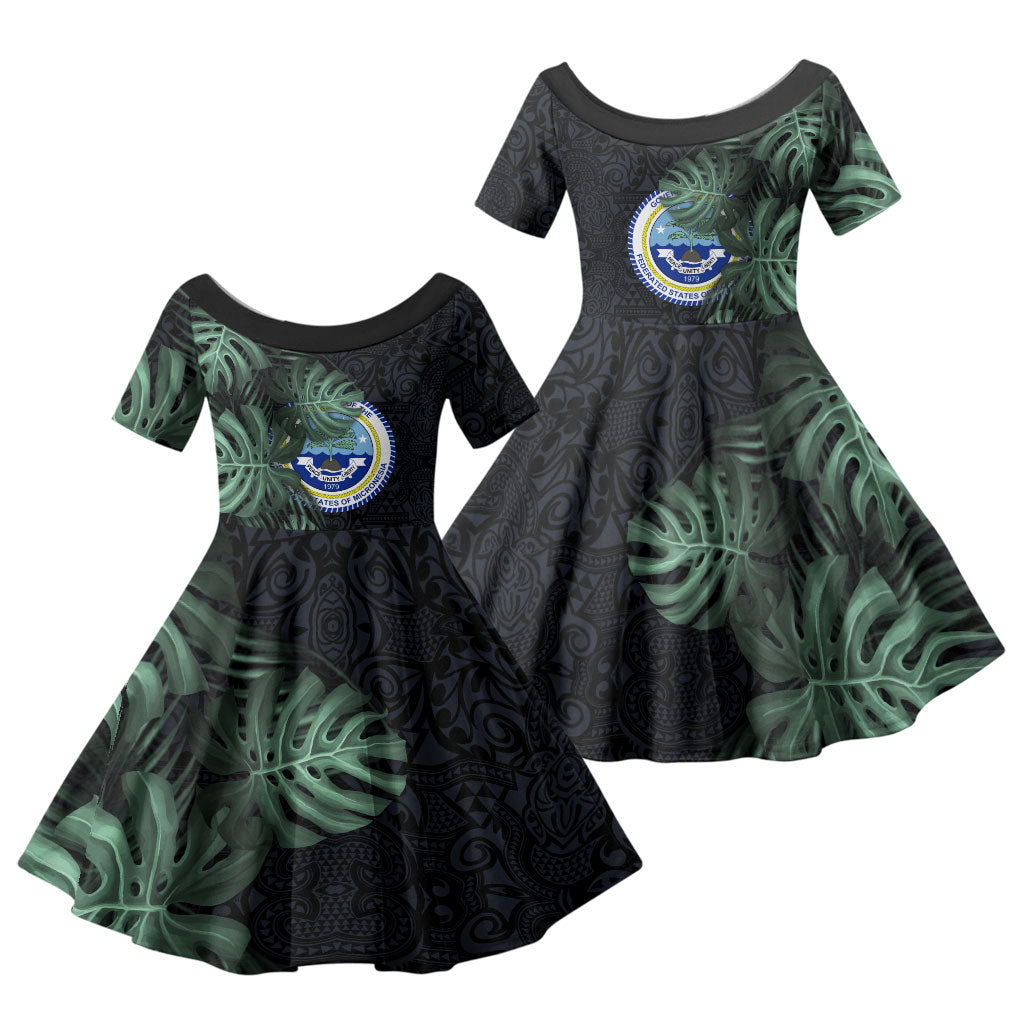 Federated States Of Micronesia Family Matching Puletasi and Hawaiian Shirt FSM Tropical Monstera Leaf Dark Tribal Pattern