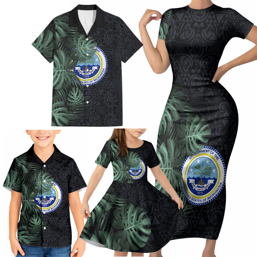 Federated States Of Micronesia Family Matching Short Sleeve Bodycon Dress and Hawaiian Shirt FSM Tropical Monstera Leaf Dark Tribal Pattern