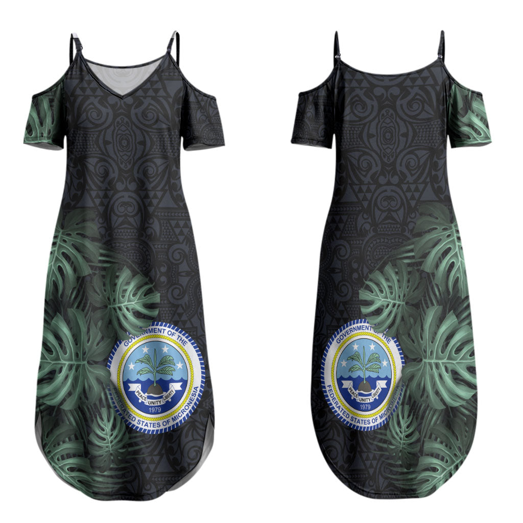 Federated States Of Micronesia Family Matching Summer Maxi Dress and Hawaiian Shirt FSM Tropical Monstera Leaf Dark Tribal Pattern