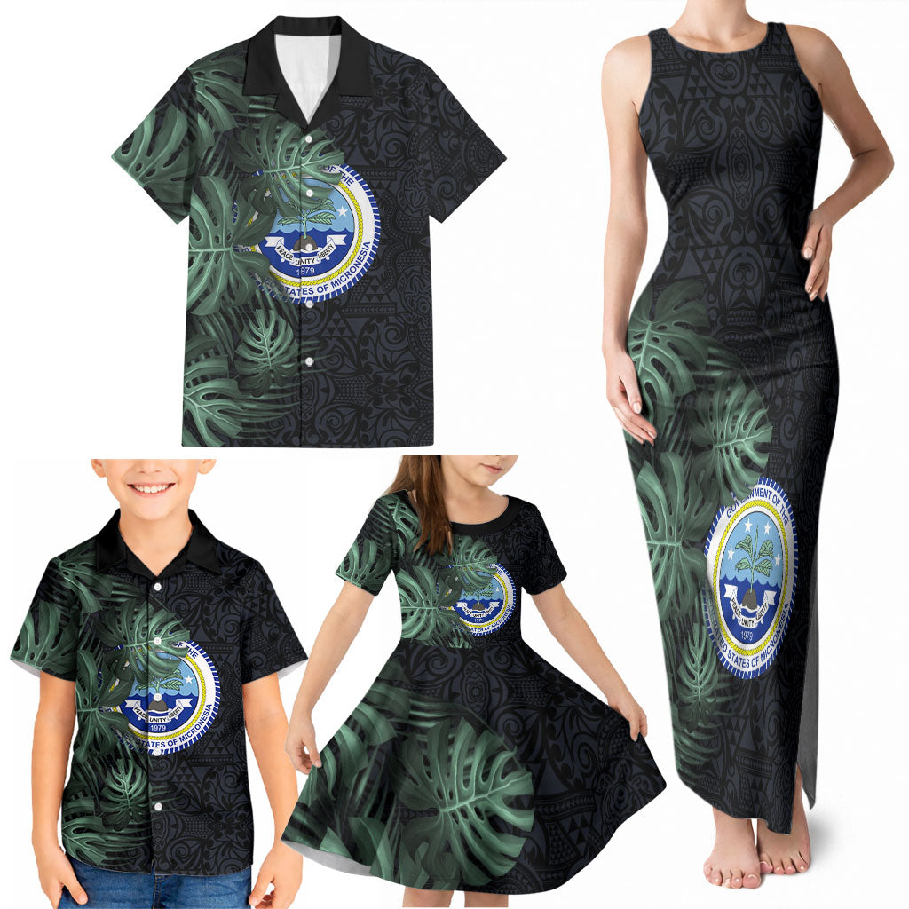 Federated States Of Micronesia Family Matching Tank Maxi Dress and Hawaiian Shirt FSM Tropical Monstera Leaf Dark Tribal Pattern