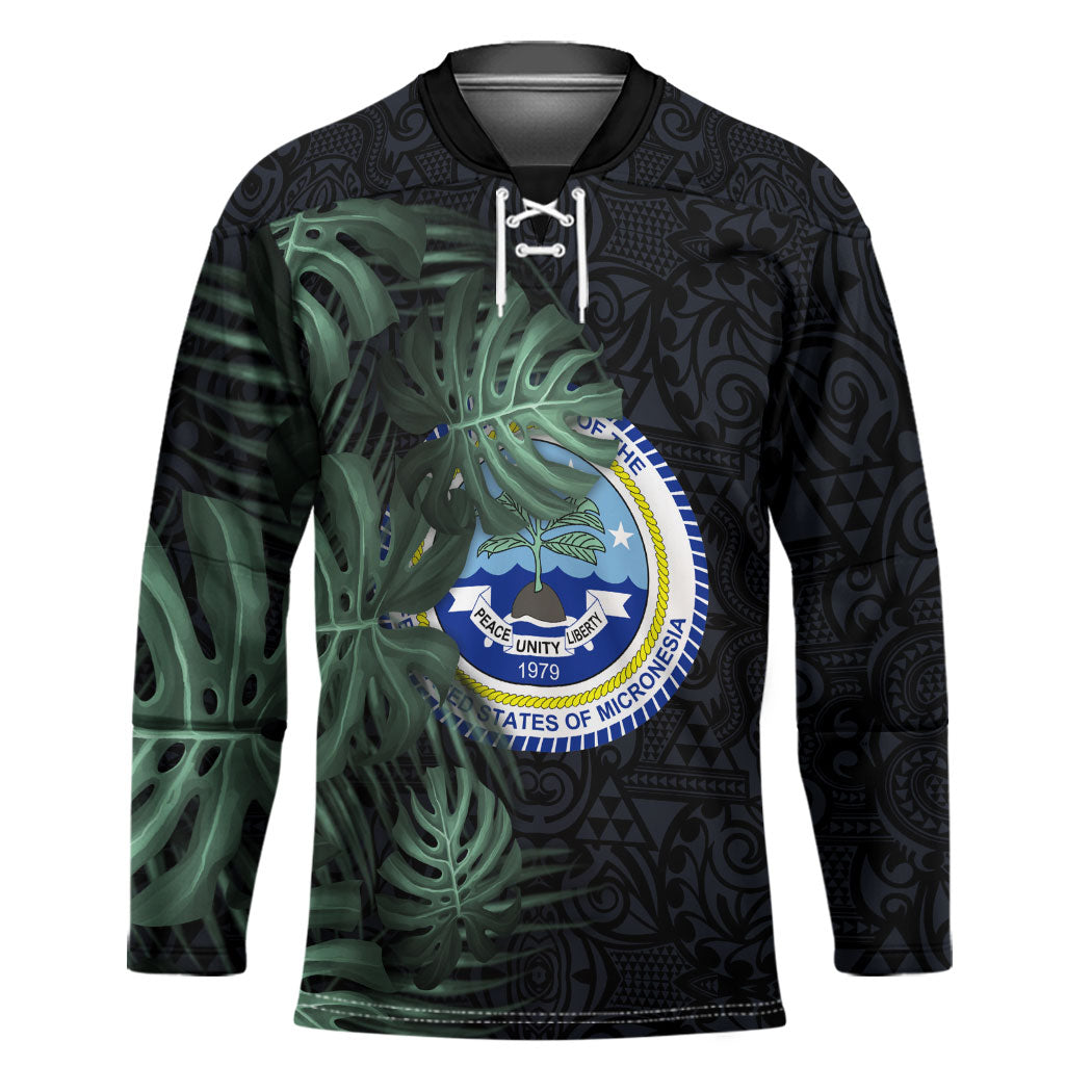 Federated States Of Micronesia Hockey Jersey FSM Tropical Monstera Leaf Dark Tribal Pattern