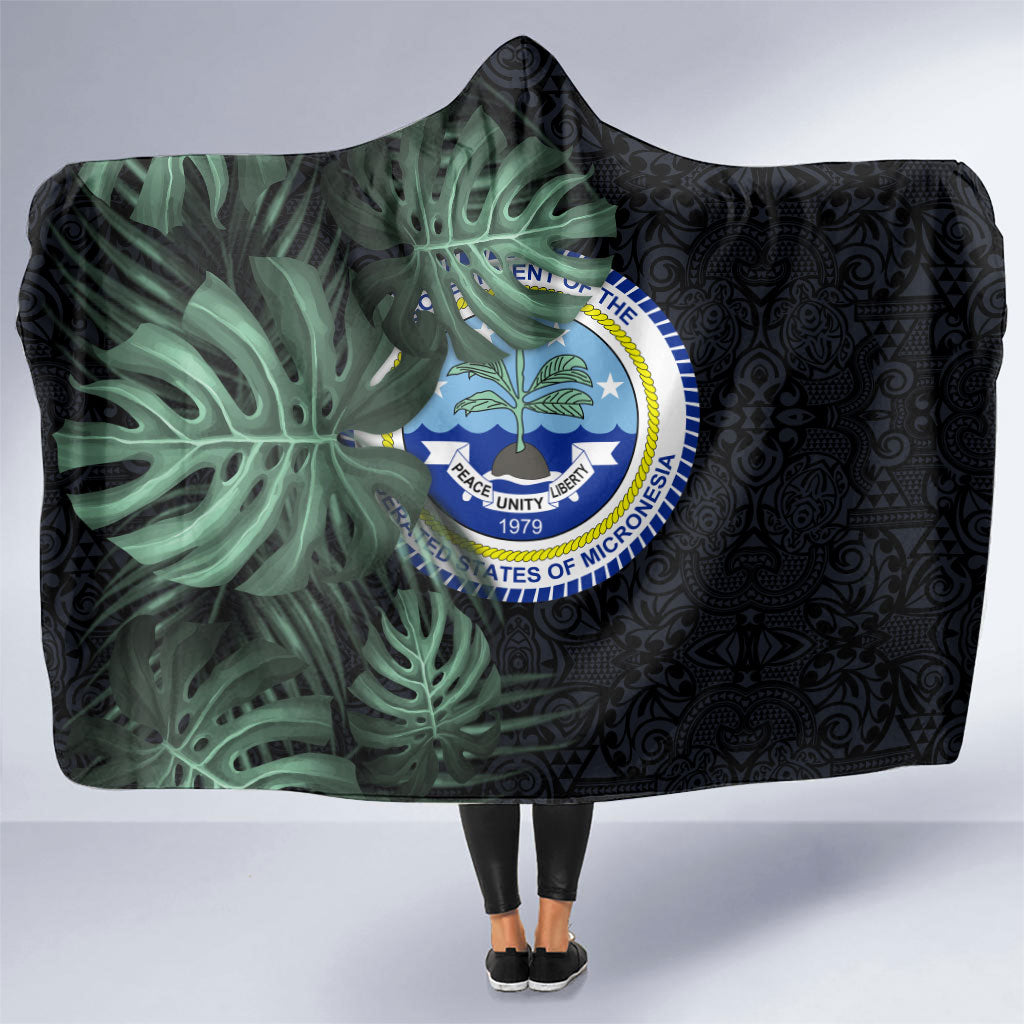 Federated States Of Micronesia Hooded Blanket FSM Tropical Monstera Leaf Dark Tribal Pattern