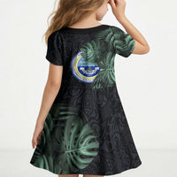 Federated States Of Micronesia Kid Short Sleeve Dress FSM Tropical Monstera Leaf Dark Tribal Pattern