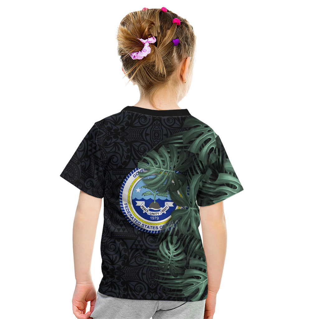 Federated States Of Micronesia Kid T Shirt FSM Tropical Monstera Leaf Dark Tribal Pattern