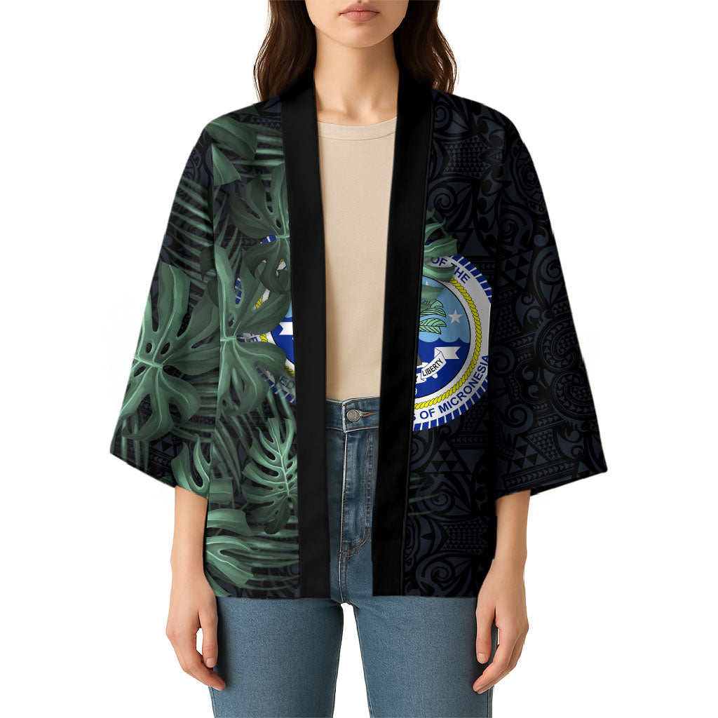 Federated States Of Micronesia Kimono FSM Tropical Monstera Leaf Dark Tribal Pattern