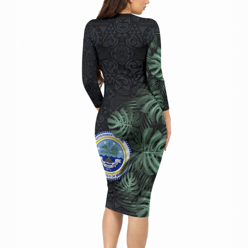 Federated States Of Micronesia Long Sleeve Bodycon Dress FSM Tropical Monstera Leaf Dark Tribal Pattern