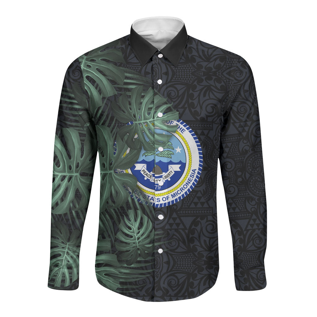 Federated States Of Micronesia Long Sleeve Button Shirt FSM Tropical Monstera Leaf Dark Tribal Pattern