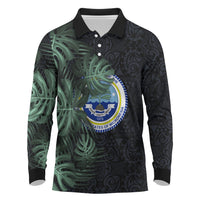 Federated States Of Micronesia Long Sleeve Polo Shirt FSM Tropical Monstera Leaf Dark Tribal Pattern