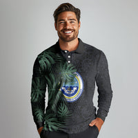 Federated States Of Micronesia Long Sleeve Polo Shirt FSM Tropical Monstera Leaf Dark Tribal Pattern
