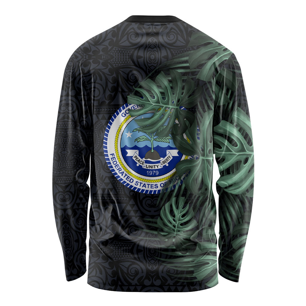 Federated States Of Micronesia Long Sleeve Shirt FSM Tropical Monstera Leaf Dark Tribal Pattern