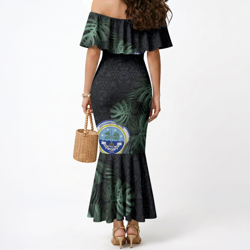 Federated States Of Micronesia Mermaid Dress FSM Tropical Monstera Leaf Dark Tribal Pattern