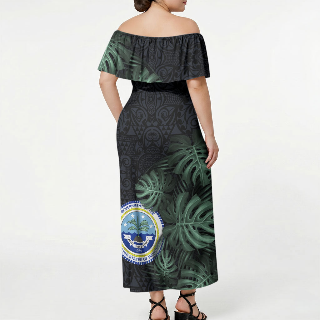 Federated States Of Micronesia Off Shoulder Maxi Dress FSM Tropical Monstera Leaf Dark Tribal Pattern