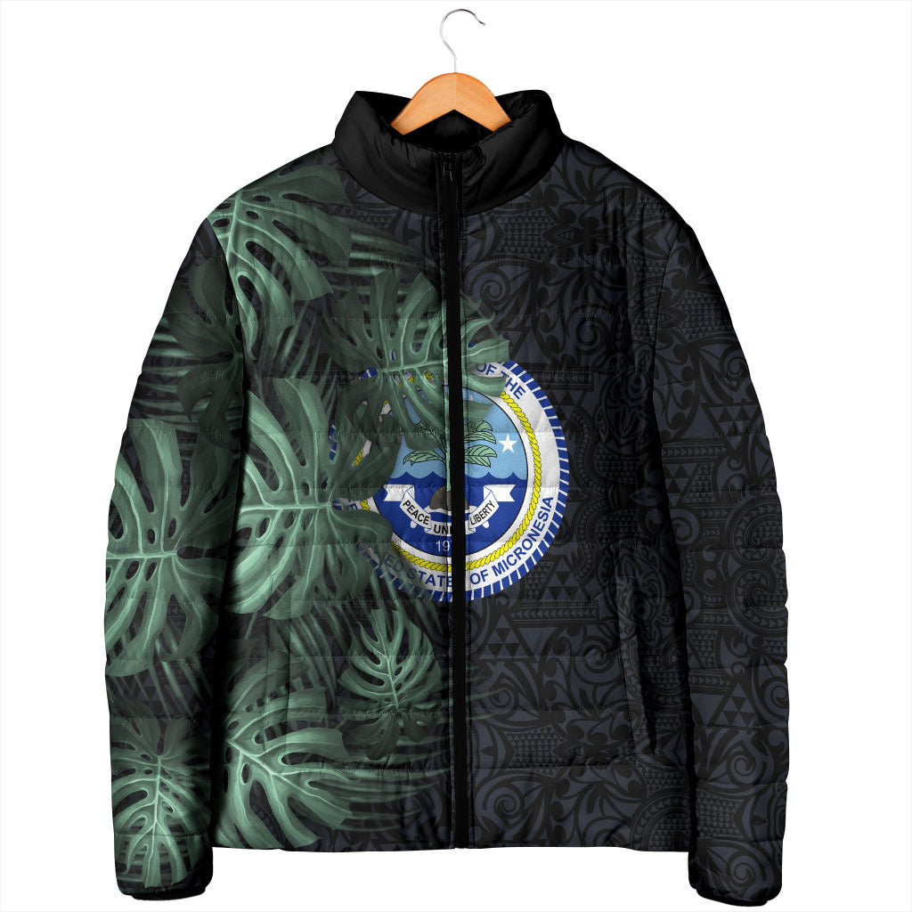Federated States Of Micronesia Padded Jacket FSM Tropical Monstera Leaf Dark Tribal Pattern