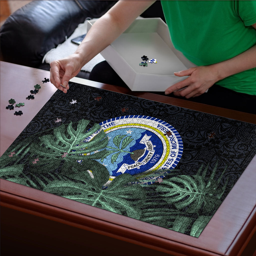 Federated States Of Micronesia Puzzle FSM Tropical Monstera Leaf Dark Tribal Pattern