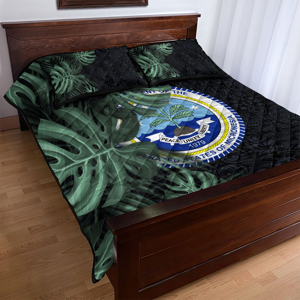 Federated States Of Micronesia Quilt Bed Set FSM Tropical Monstera Leaf Dark Tribal Pattern