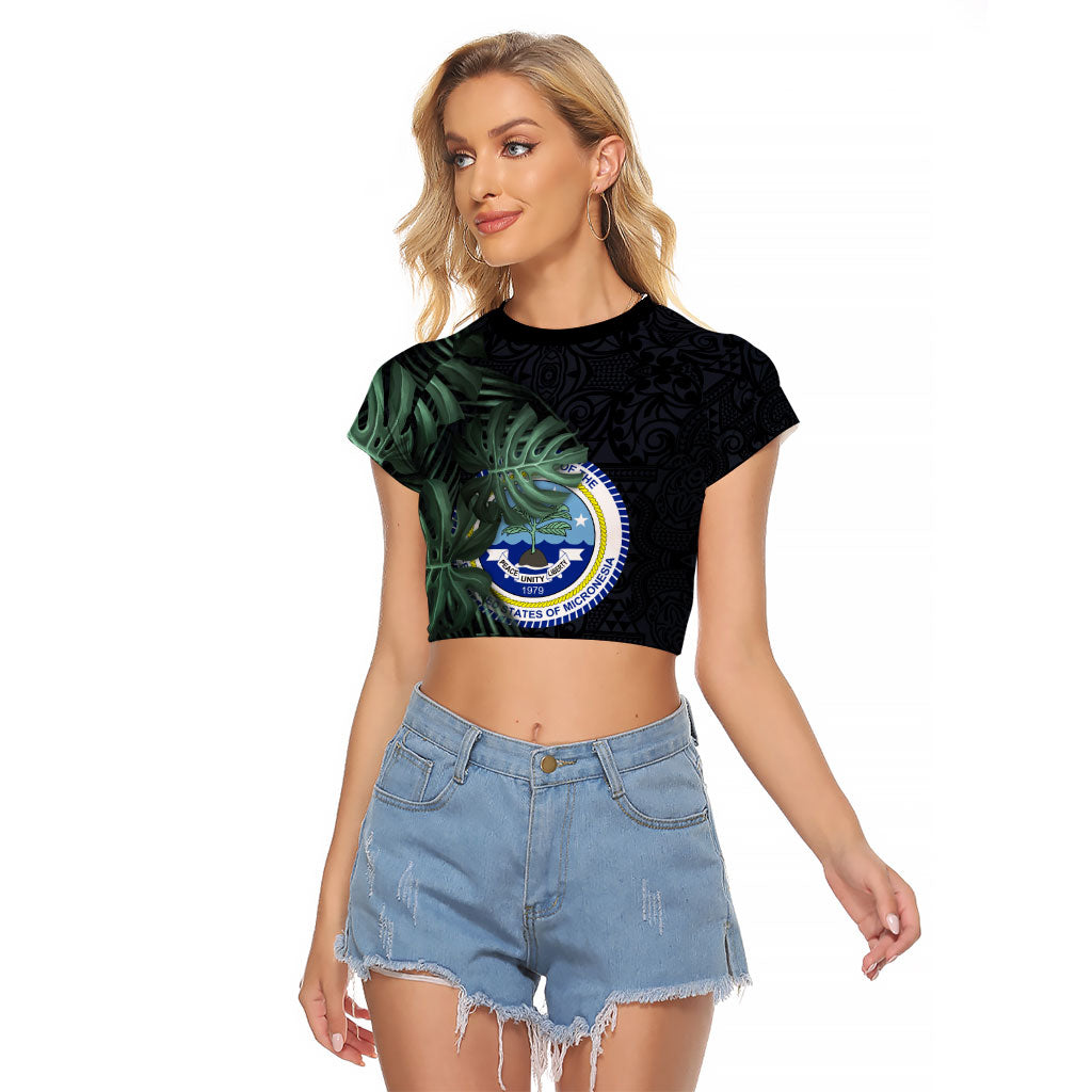 Federated States Of Micronesia Raglan Cropped T Shirt FSM Tropical Monstera Leaf Dark Tribal Pattern