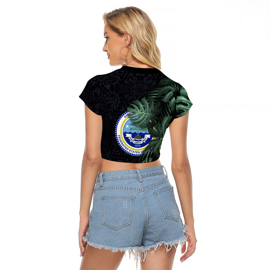 Federated States Of Micronesia Raglan Cropped T Shirt FSM Tropical Monstera Leaf Dark Tribal Pattern
