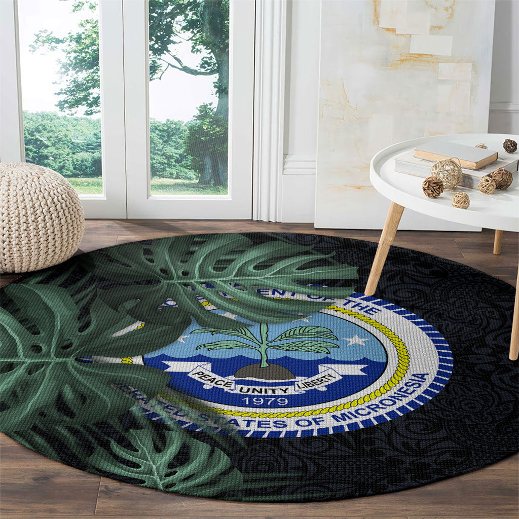 Federated States Of Micronesia Round Carpet FSM Tropical Monstera Leaf Dark Tribal Pattern