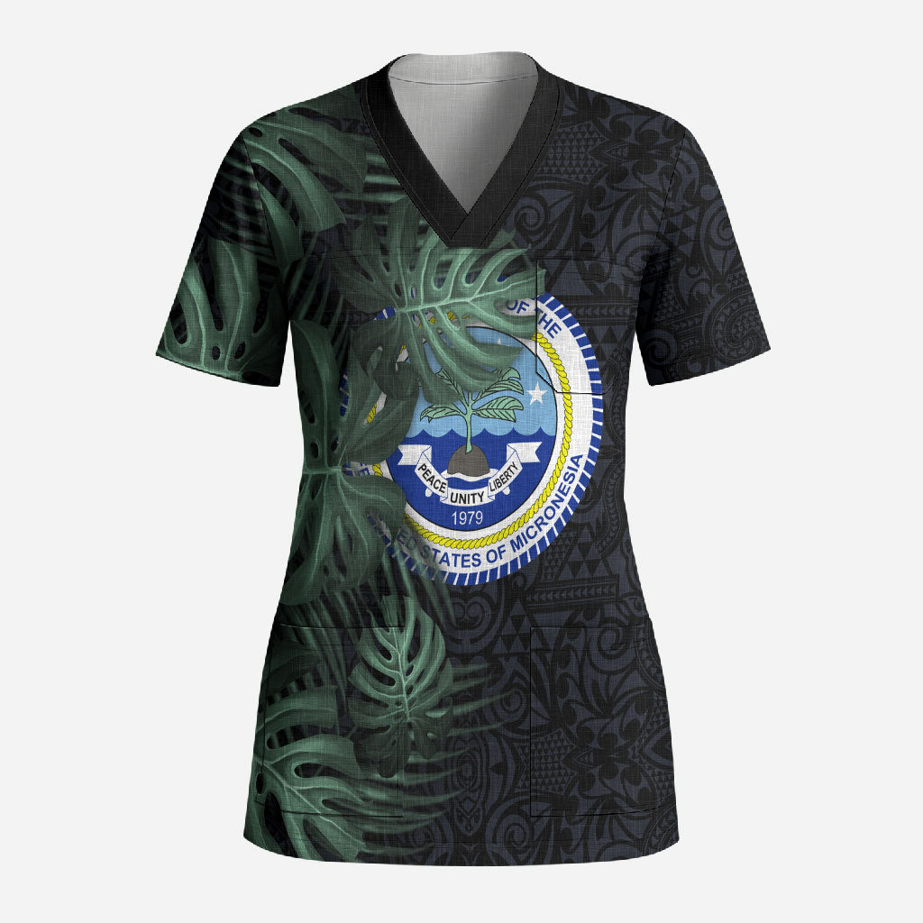 Federated States Of Micronesia Scrub Top FSM Tropical Monstera Leaf Dark Tribal Pattern